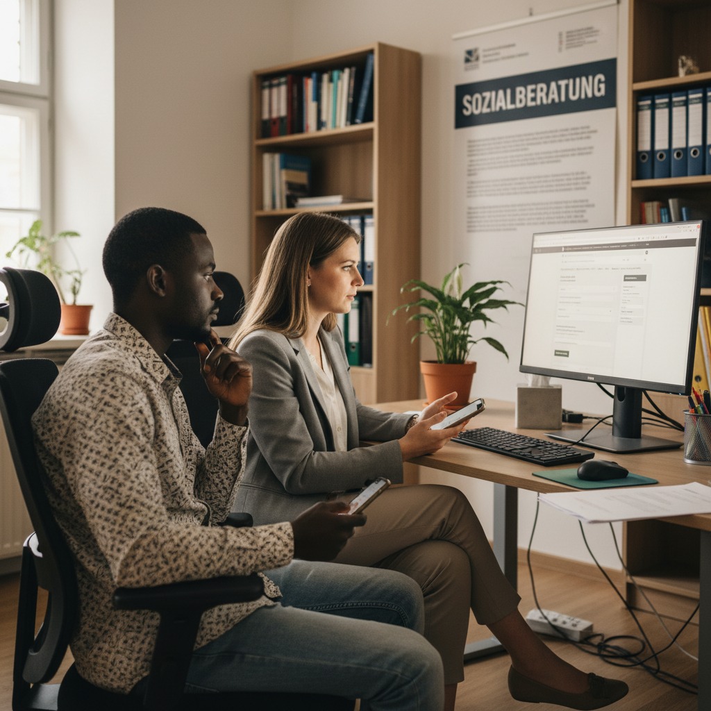 Ein Mann und eine Frau sitzen gemeinsam an einem Schreibtisch in einem Büro und betrachten konzentriert einen Computerbildschirm.
